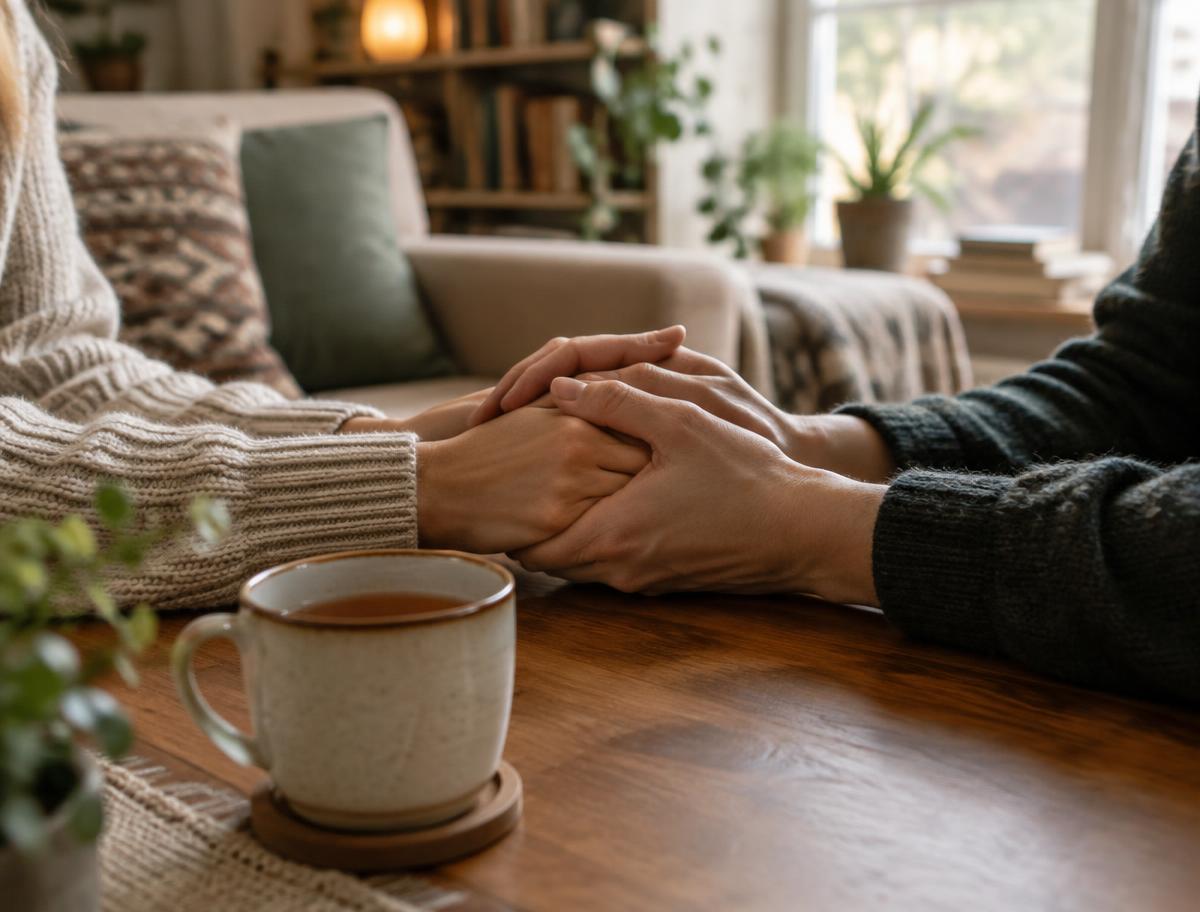 Two people holding hands across a table
